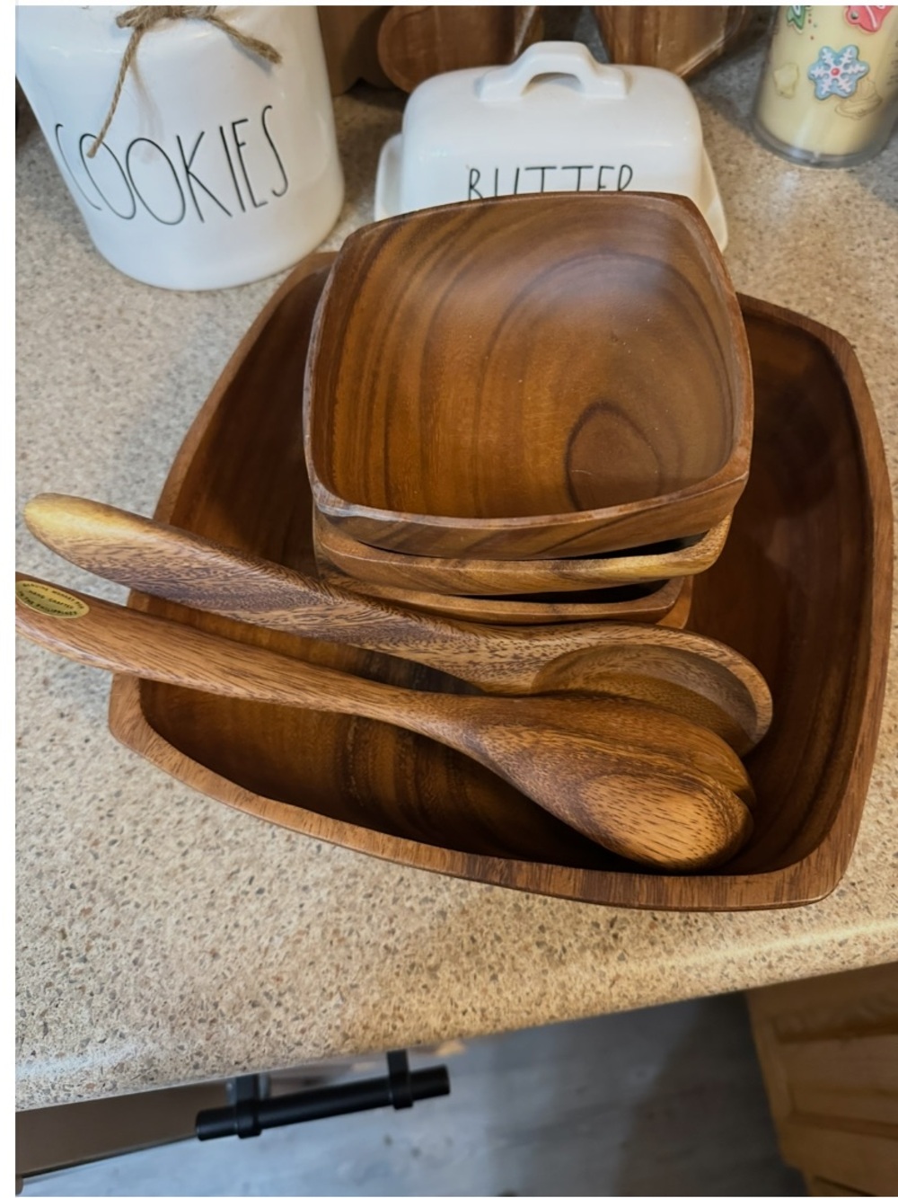 Vintage Monkey Pod Wood Salad Bowl Set: 1970s Acacia Serving Set